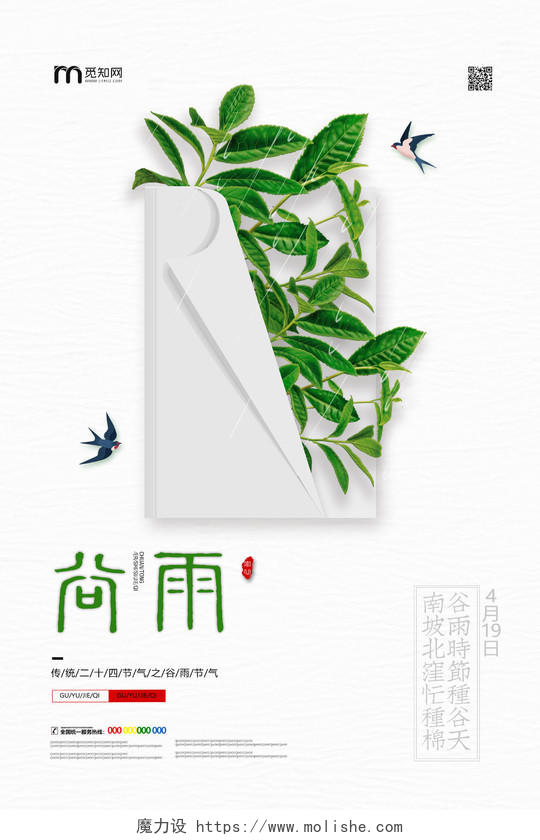 白色绿叶传统二十四节气之谷雨节气中国二十四节气谷雨海报